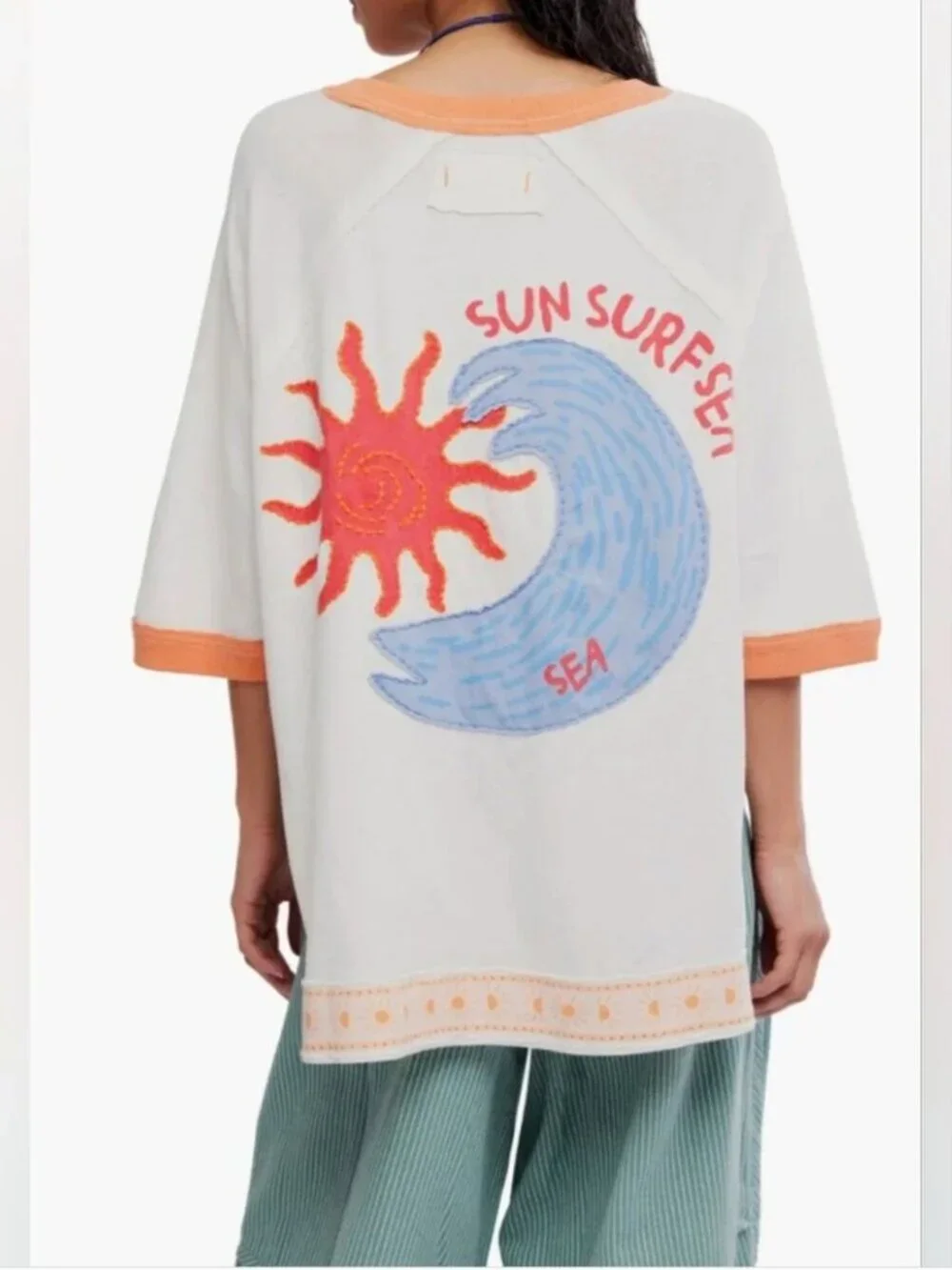 Free People Embroidered Sun-and-Wave Patch Graphic Cotton Tshirt size M